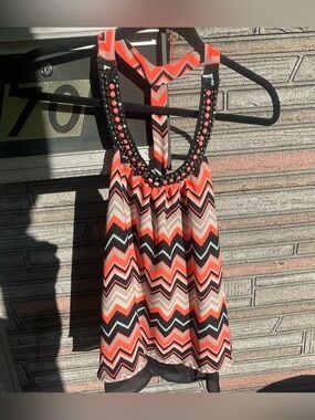 Charlotte Russe Coral, Black & Cream Chevron Beaded Halter Tank XL